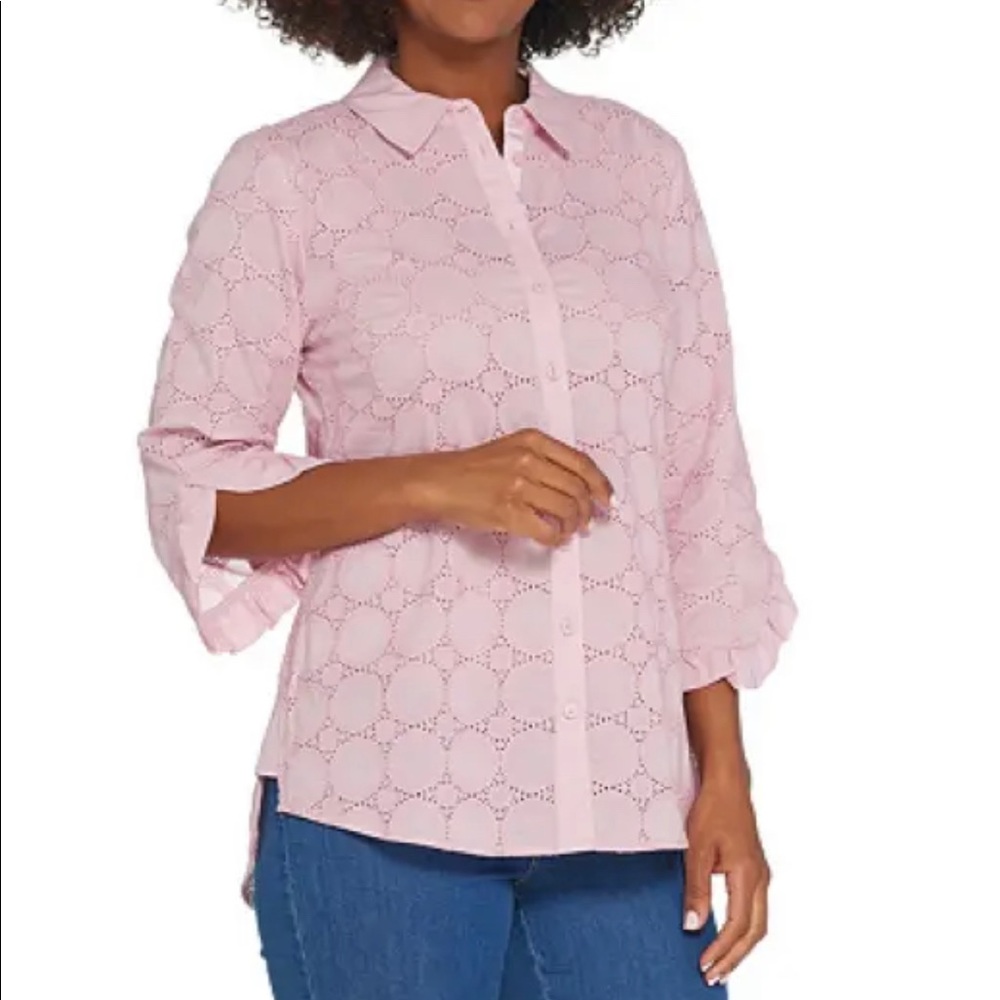 LikeNew Issac Mizrahi Live! Eyelet Ruffle Sleeve Blouse Lilac Petal Pink- Size12